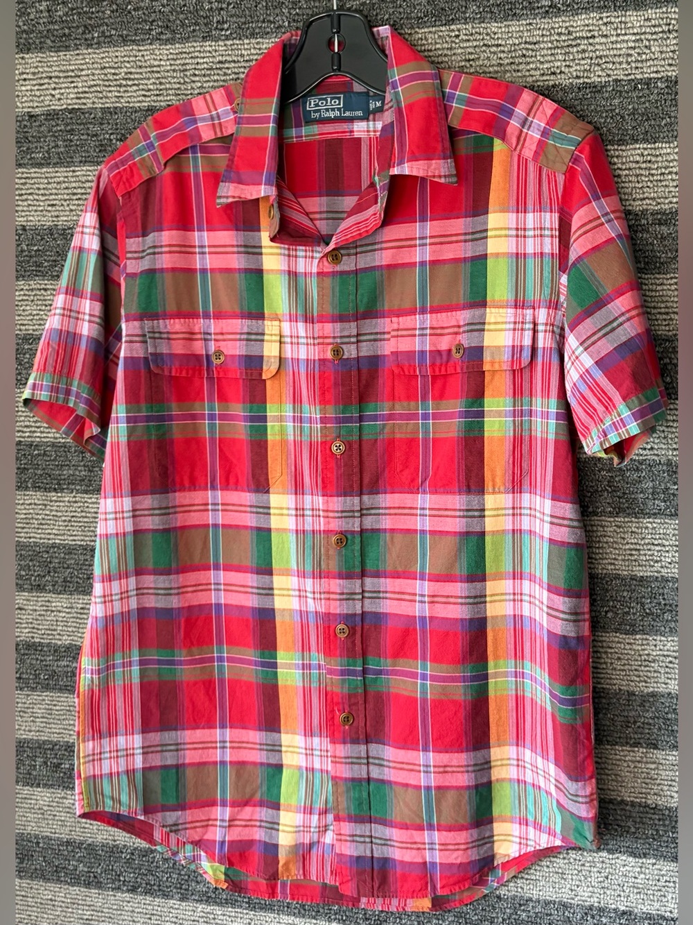 Polo Ralph Lauren Madras Plaid Shirt Safari Red Short Sleeve Men Medium